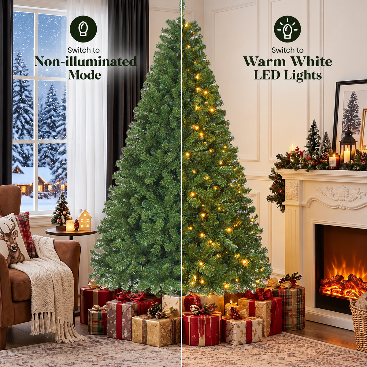 Pre-Lit Artificial Christmas Tree with Warm White Lights, 6 FT & 7.5 FT