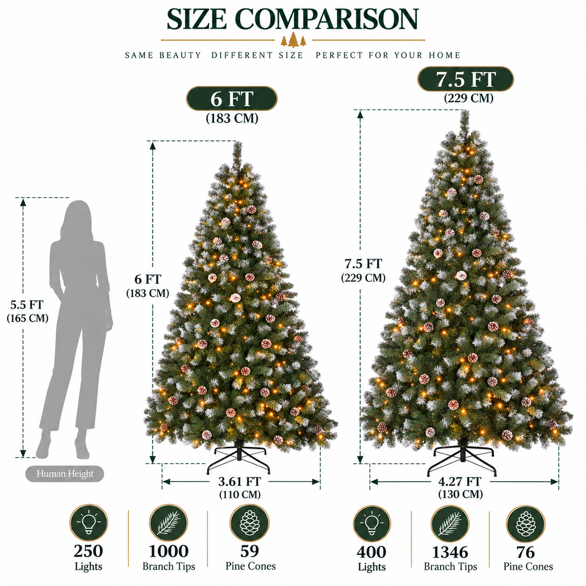 Pre-Lit Artificial Christmas Tree with Warm White Lights, 6 FT & 7.5 FT