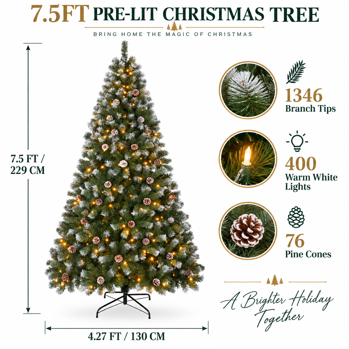 Pre-Lit Artificial Christmas Tree with Warm White Lights, 6 FT & 7.5 FT