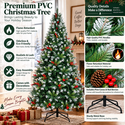 Pre Lit Artificial Christmas Tree with Warm White Lights Red Berries Pine Cones 6 FT 7.5 FT