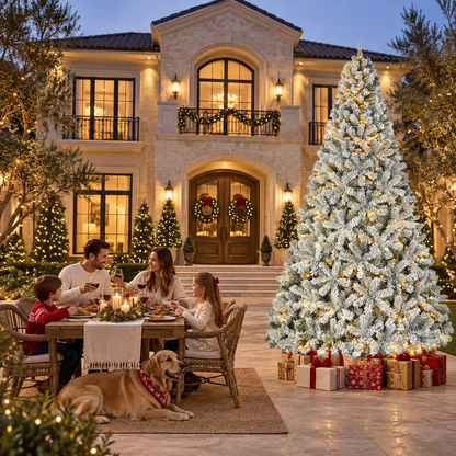 Pre-Lit Flocked Artificial Christmas Tree with Warm White Lights, 4.5 FT–9 FT