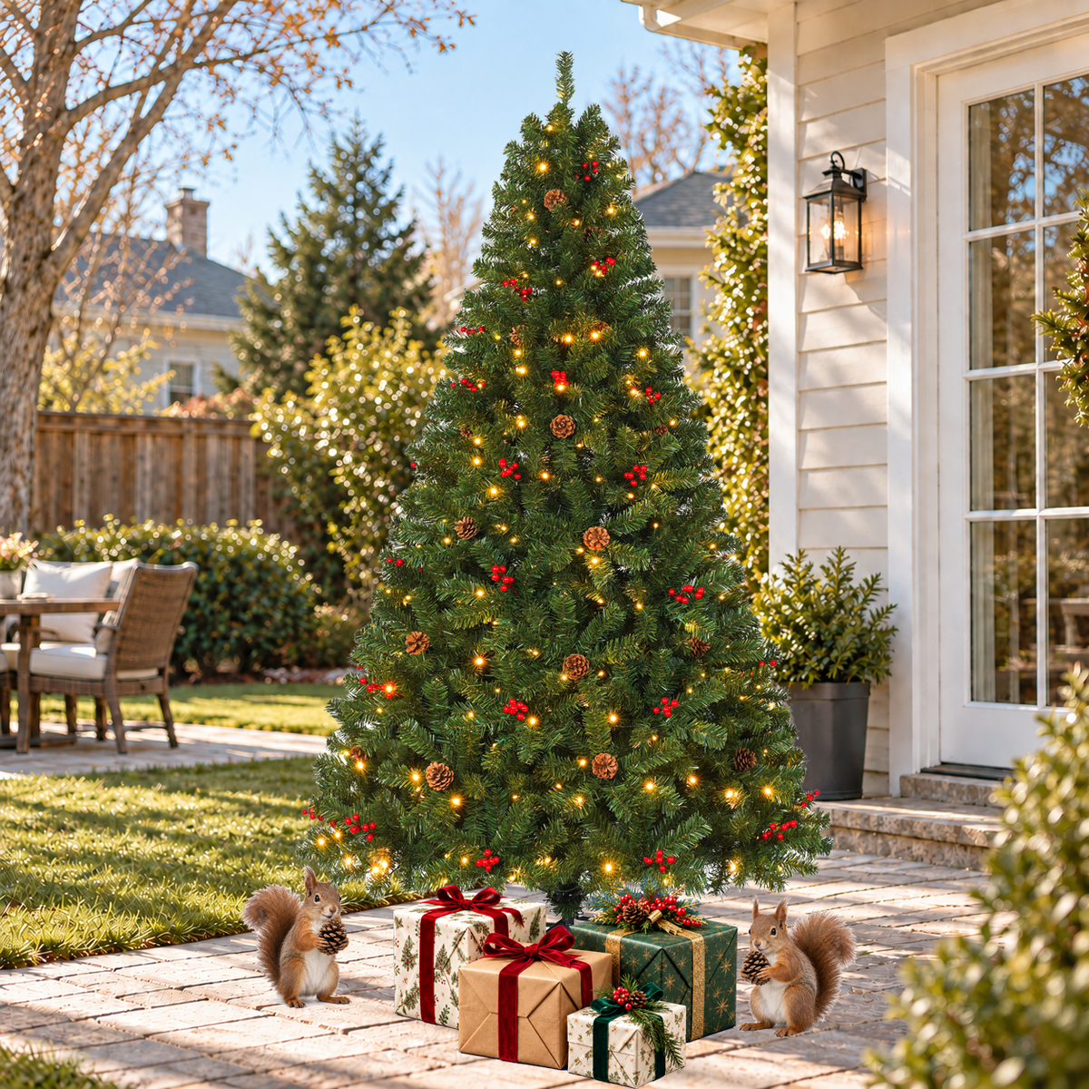 Pre Lit Christmas Tree with Warm White Lights Red Berries and Pine Cones 6 FT and 7.5 FT
