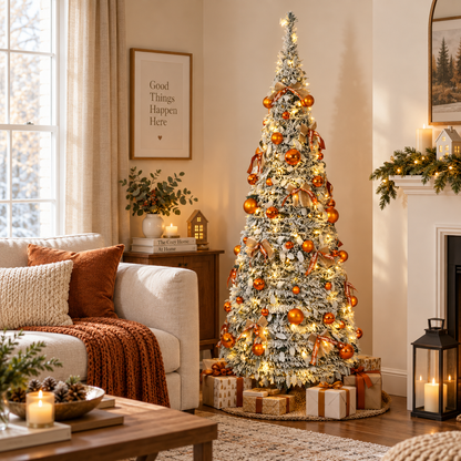 6 FT Pre Lit Flocked Christmas Tree with Warm White Lights and 66 Piece Ornament Set