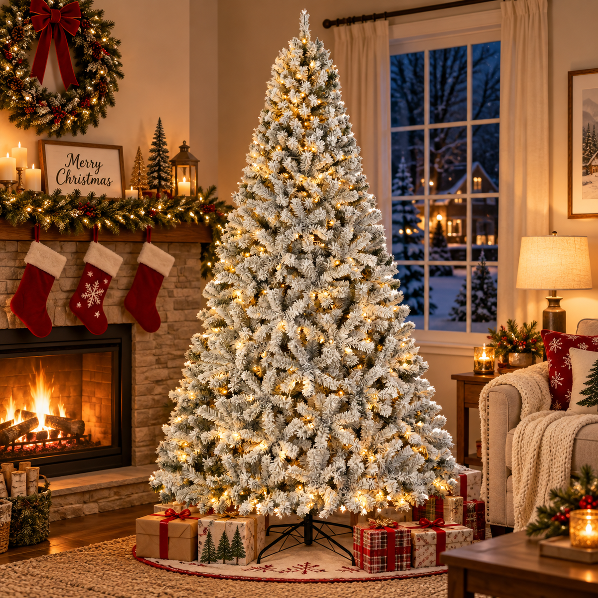 Pre-Lit Flocked Artificial Christmas Tree with Warm White Lights, 4.5 FT–9 FT