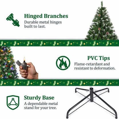 6 FT Pre Lit Artificial Christmas Tree with Multicolor Lights and 55 Pine Cones