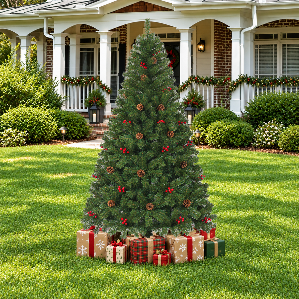 Pre Lit Christmas Tree with Warm White Lights Red Berries and Pine Cones 6 FT and 7.5 FT