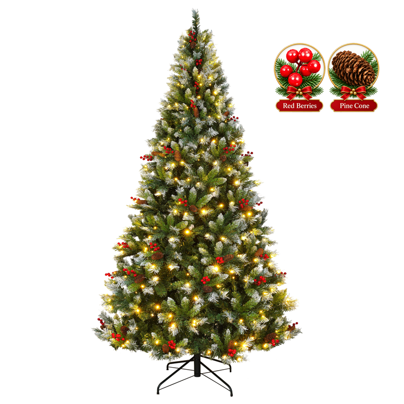 Pre Lit Artificial Christmas Tree with Warm White Lights Red Berries Pine Cones 6 FT 7.5 FT