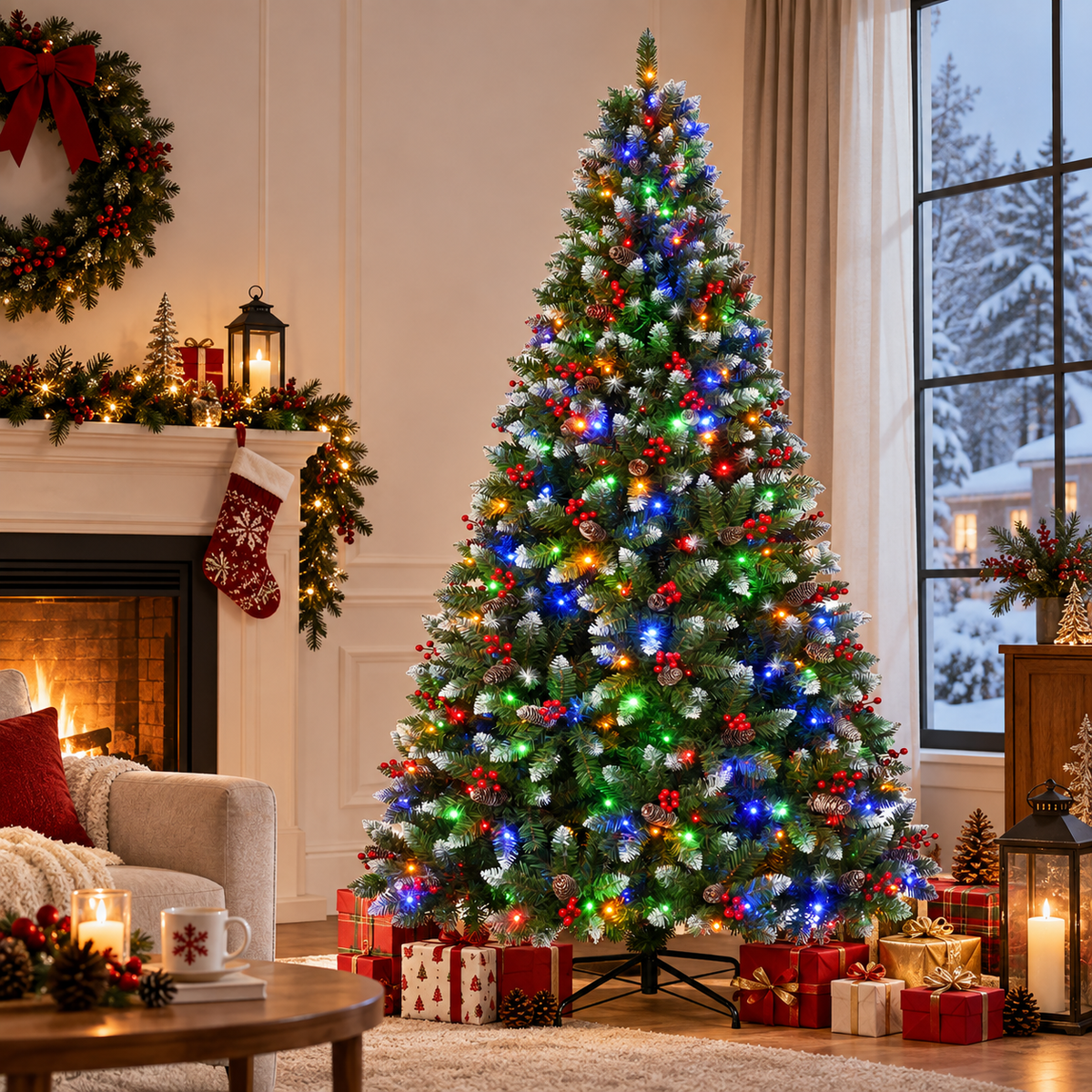 Pre Lit Artificial Christmas Tree with Multicolor Lights 6 FT and 7.5 FT