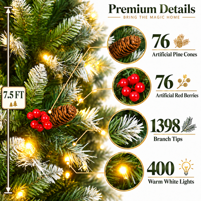 Pre Lit Artificial Christmas Tree with Warm White Lights Red Berries Pine Cones 6 FT 7.5 FT