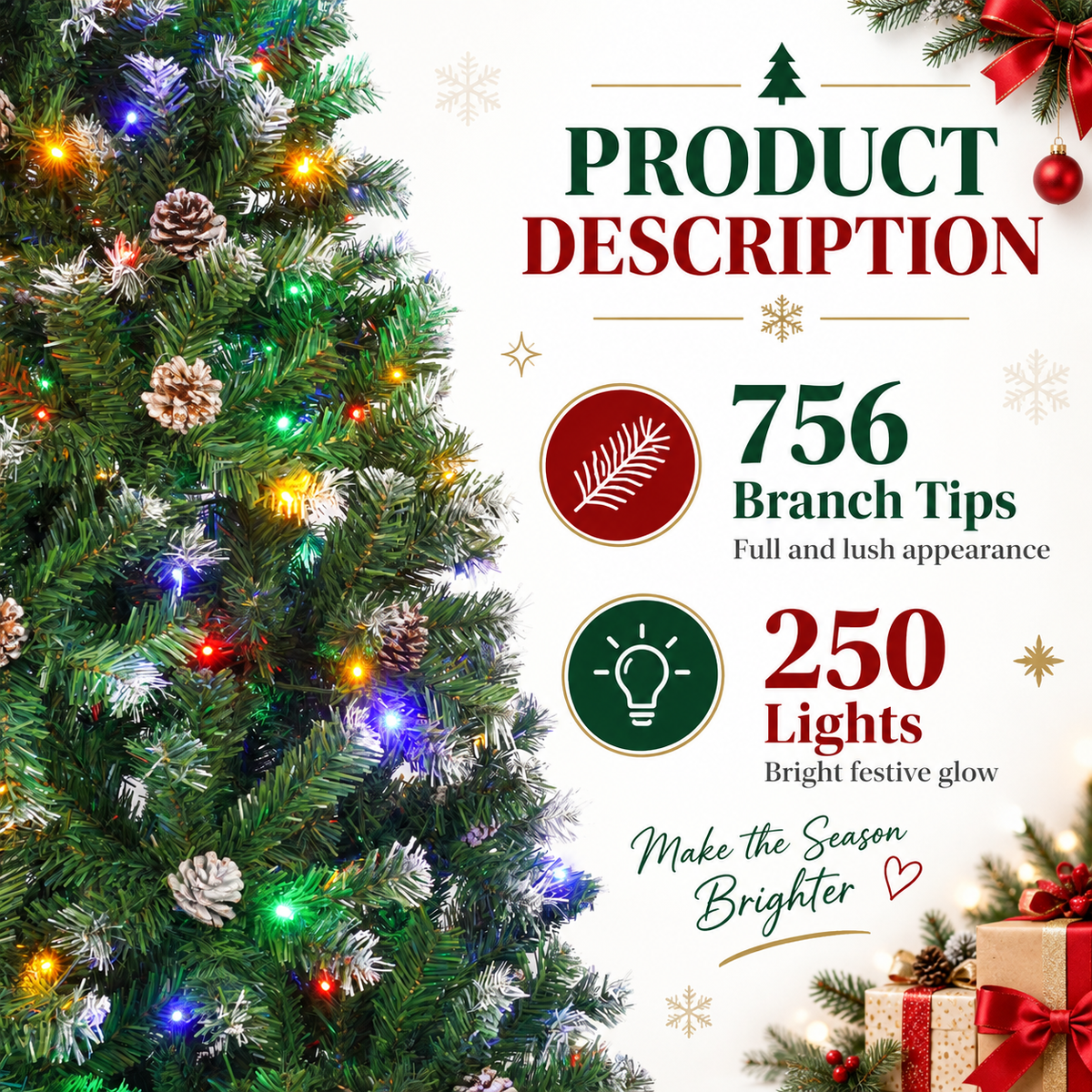 6 FT Pre Lit Artificial Christmas Tree with Multicolor Lights and 55 Pine Cones