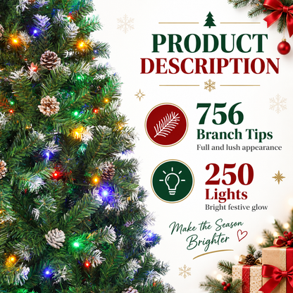 6 FT Pre Lit Artificial Christmas Tree with Multicolor Lights and 55 Pine Cones