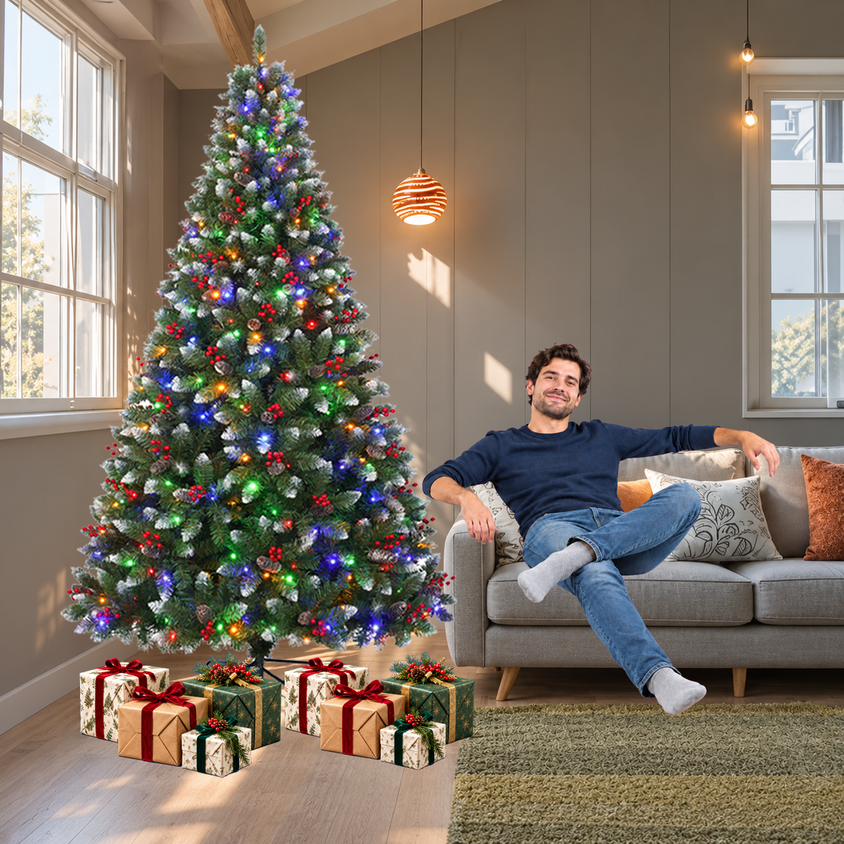 Pre Lit Artificial Christmas Tree with Multicolor Lights 6 FT and 7.5 FT