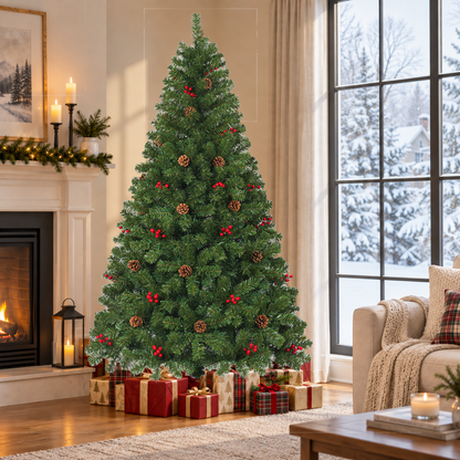Pre Lit Christmas Tree with Warm White Lights Red Berries and Pine Cones 6 FT and 7.5 FT