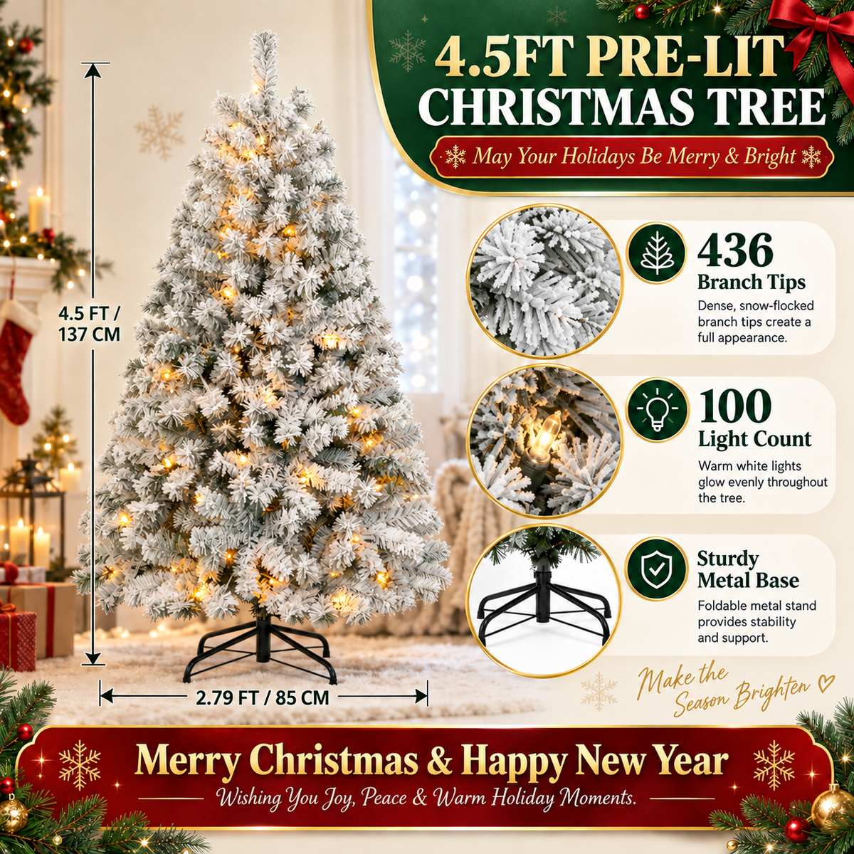 Pre-Lit Flocked Artificial Christmas Tree with Warm White Lights, 4.5 FT–9 FT