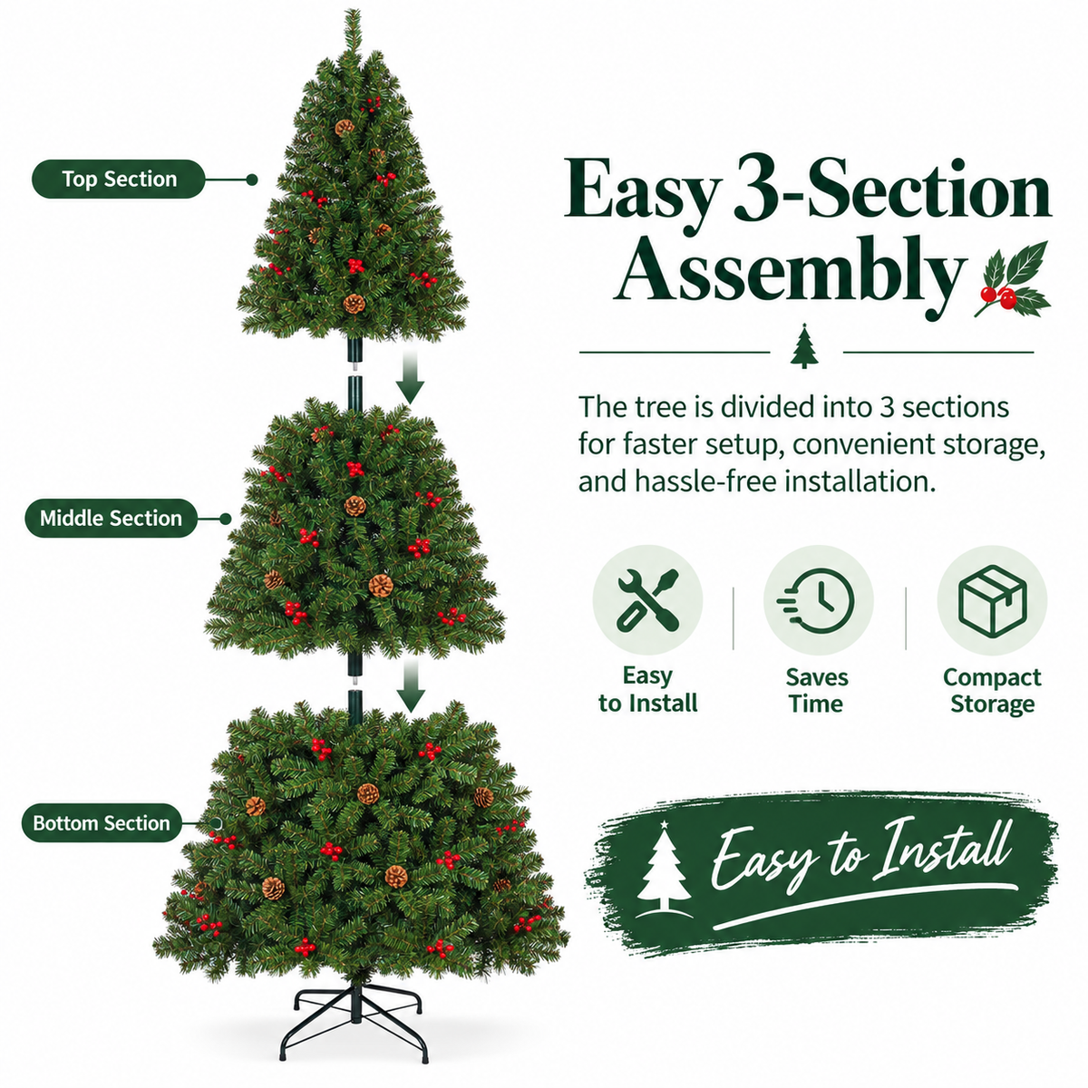 Pre Lit Christmas Tree with Warm White Lights Red Berries and Pine Cones 6 FT and 7.5 FT