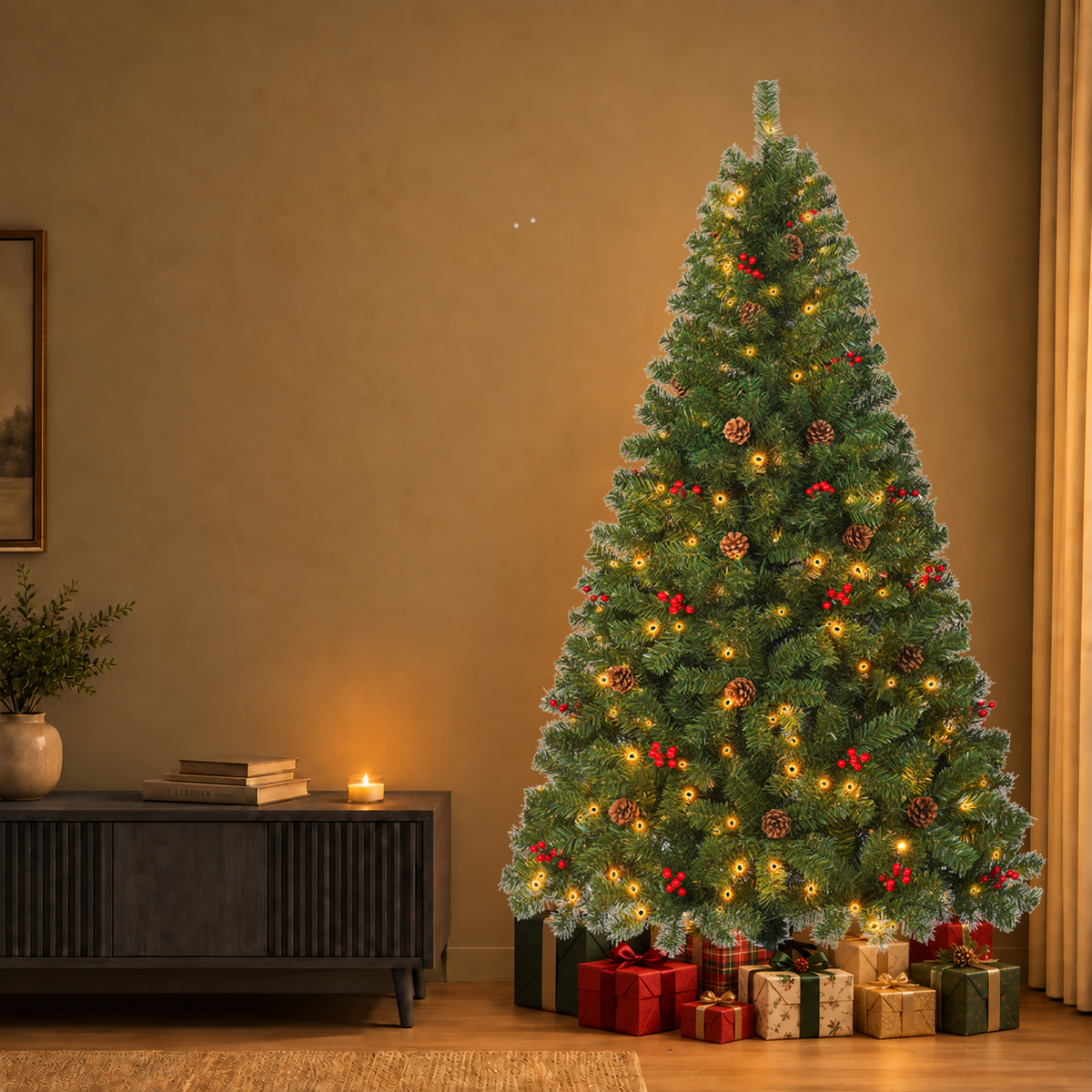 Pre Lit Christmas Tree with Warm White Lights Red Berries and Pine Cones 6 FT and 7.5 FT