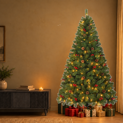Pre Lit Christmas Tree with Warm White Lights Red Berries and Pine Cones 6 FT and 7.5 FT
