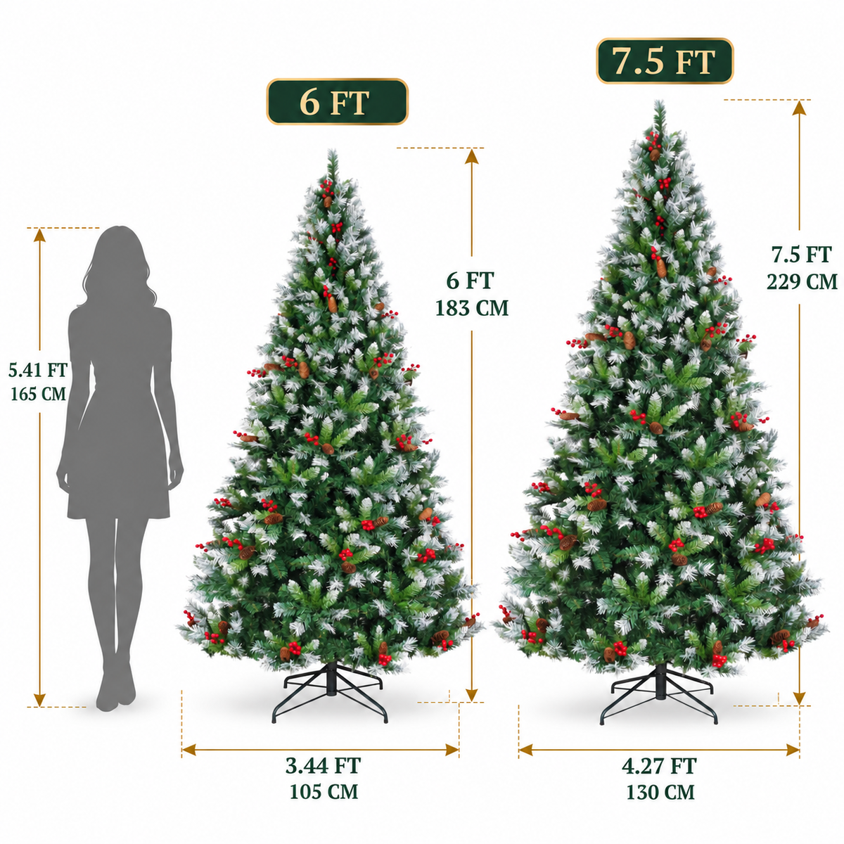 Pre Lit Artificial Christmas Tree with Warm White Lights Red Berries Pine Cones 6 FT 7.5 FT