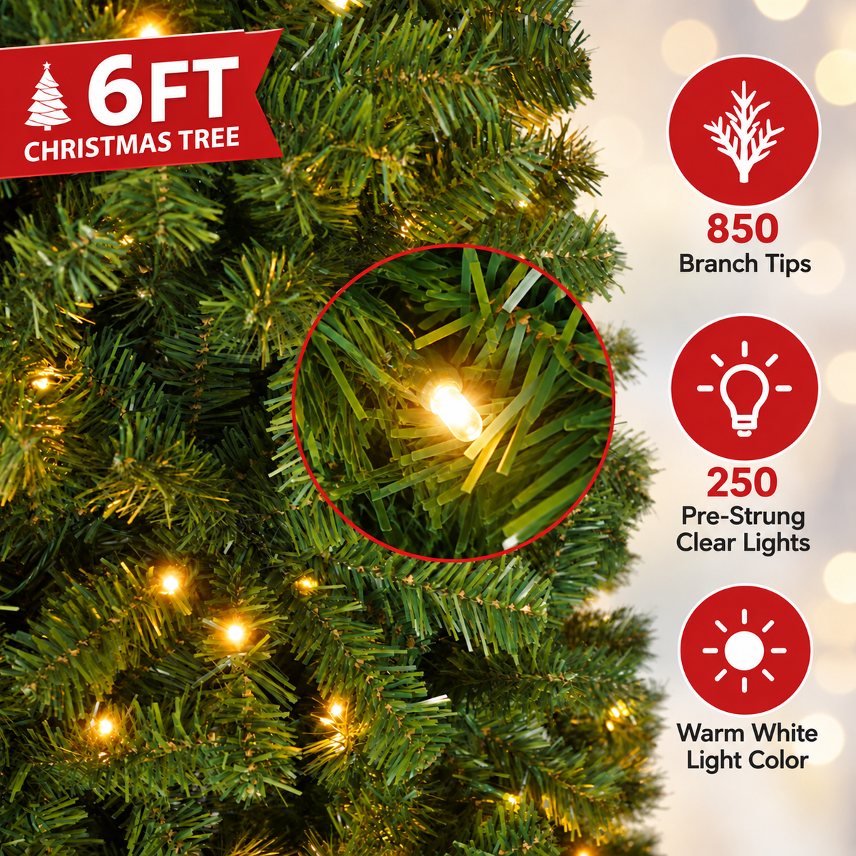 Pre-Lit Artificial Christmas Tree with Warm White Lights, 6 FT & 7.5 FT