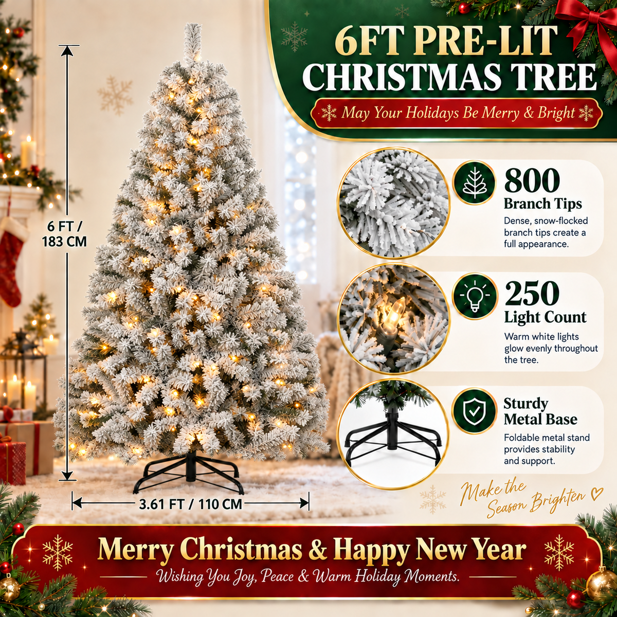 Pre-Lit Flocked Artificial Christmas Tree with Warm White Lights, 4.5 FT–9 FT