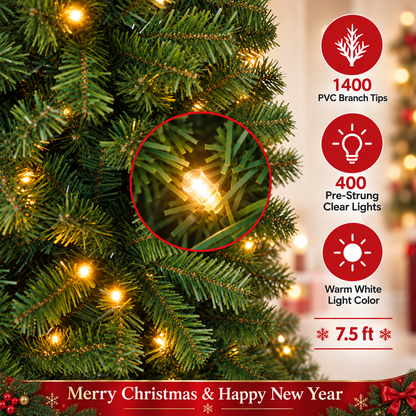 Pre-Lit Artificial Christmas Tree with Warm White Lights, 6 FT & 7.5 FT