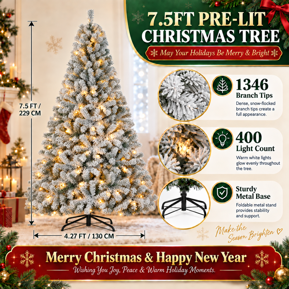 Pre-Lit Flocked Artificial Christmas Tree with Warm White Lights, 4.5 FT–9 FT
