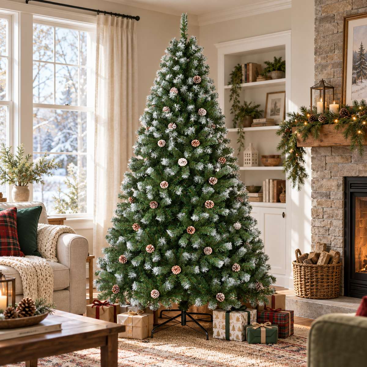 Pre-Lit Artificial Christmas Tree with Warm White Lights, 6 FT & 7.5 FT