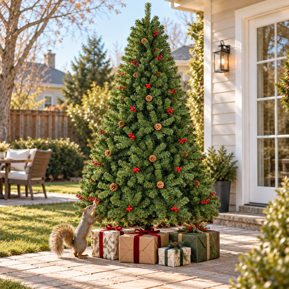 Pre Lit Christmas Tree with Warm White Lights Red Berries and Pine Cones 6 FT and 7.5 FT
