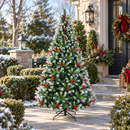 Pre Lit Artificial Christmas Tree with Warm White Lights Red Berries Pine Cones 6 FT 7.5 FT
