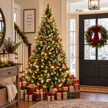 Pre Lit Artificial Christmas Tree with Warm White Lights Red Berries Pine Cones 6 FT 7.5 FT