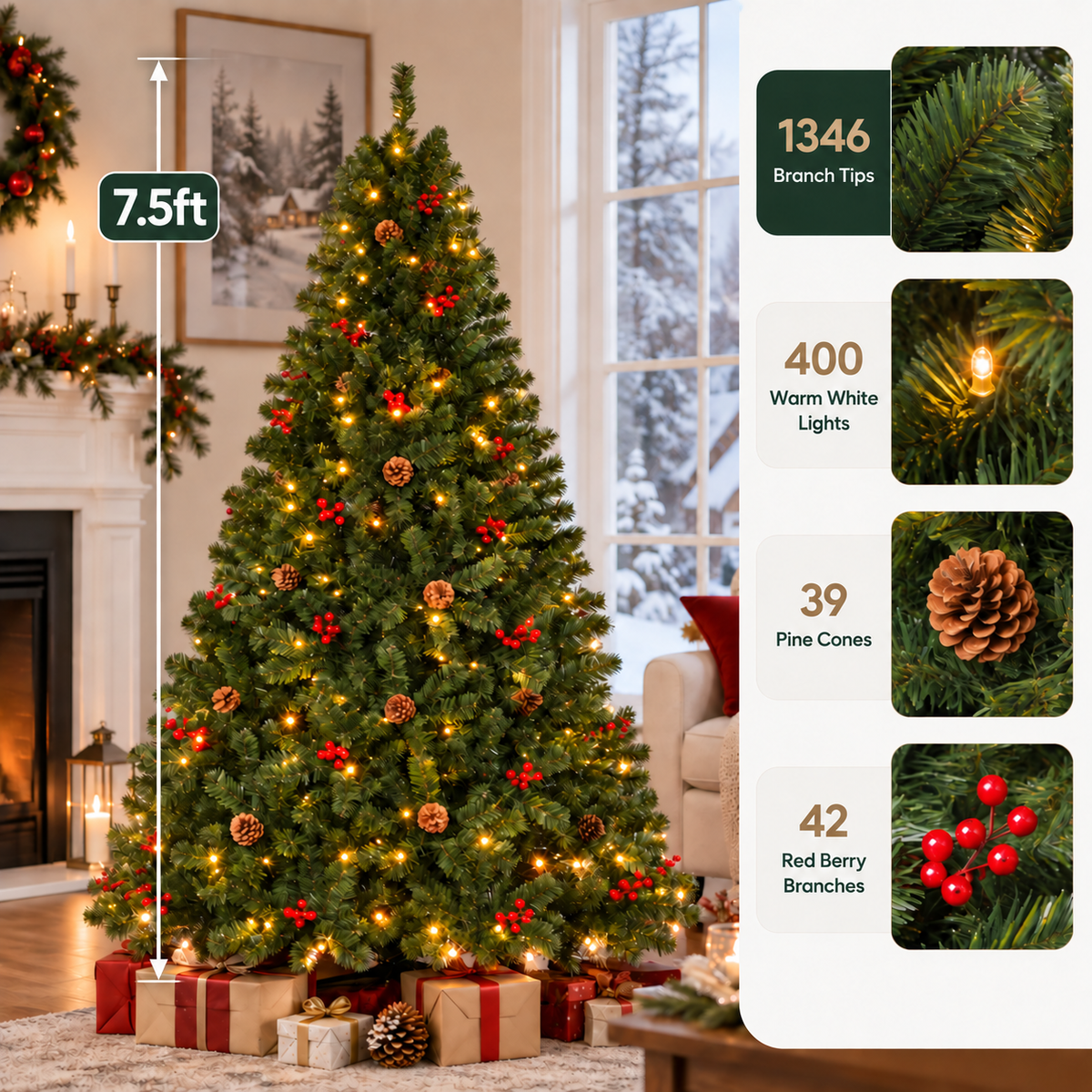Pre Lit Christmas Tree with Warm White Lights Red Berries and Pine Cones 6 FT and 7.5 FT