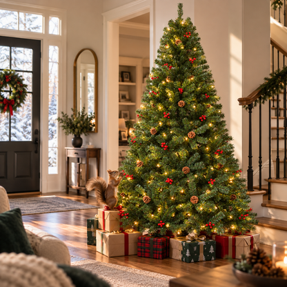 Pre Lit Christmas Tree with Warm White Lights Red Berries and Pine Cones 6 FT and 7.5 FT