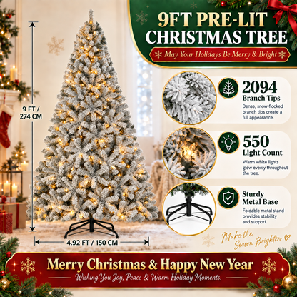Pre-Lit Flocked Artificial Christmas Tree with Warm White Lights, 4.5 FT–9 FT