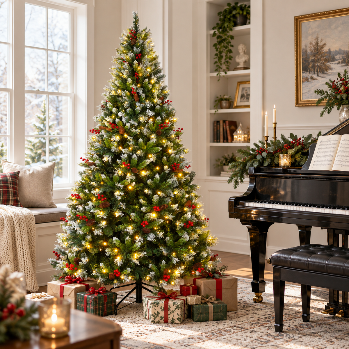 Pre Lit Artificial Christmas Tree with Warm White Lights Red Berries Pine Cones 6 FT 7.5 FT