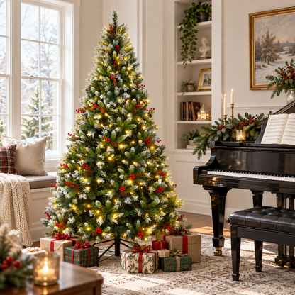 Pre Lit Artificial Christmas Tree with Warm White Lights Red Berries Pine Cones 6 FT 7.5 FT