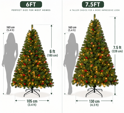 Pre Lit Christmas Tree with Warm White Lights Red Berries and Pine Cones 6 FT and 7.5 FT