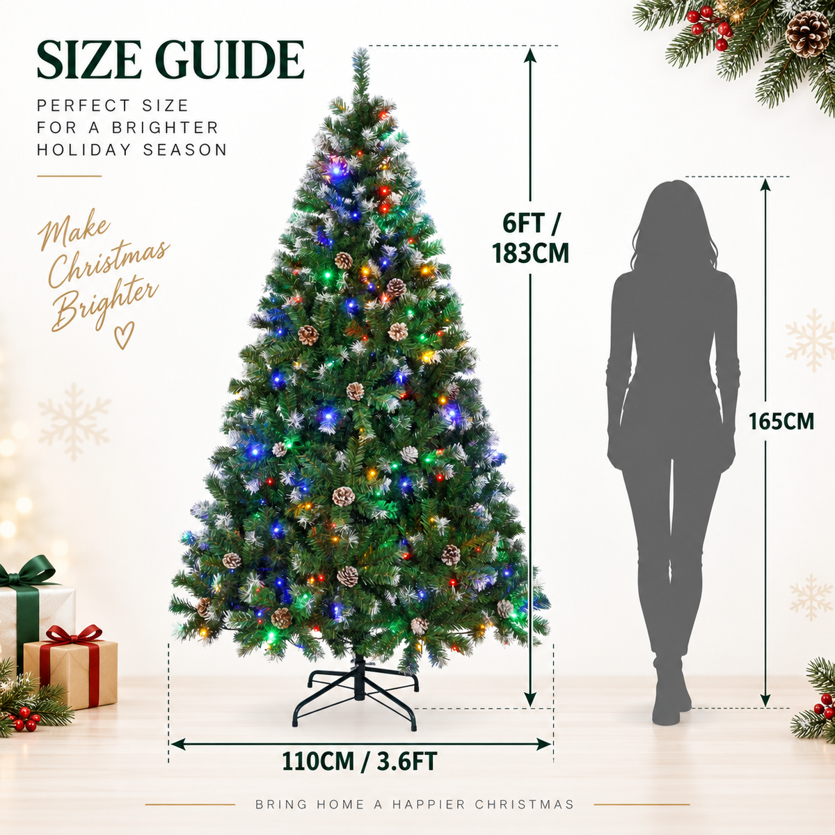 6 FT Pre Lit Artificial Christmas Tree with Multicolor Lights and 55 Pine Cones