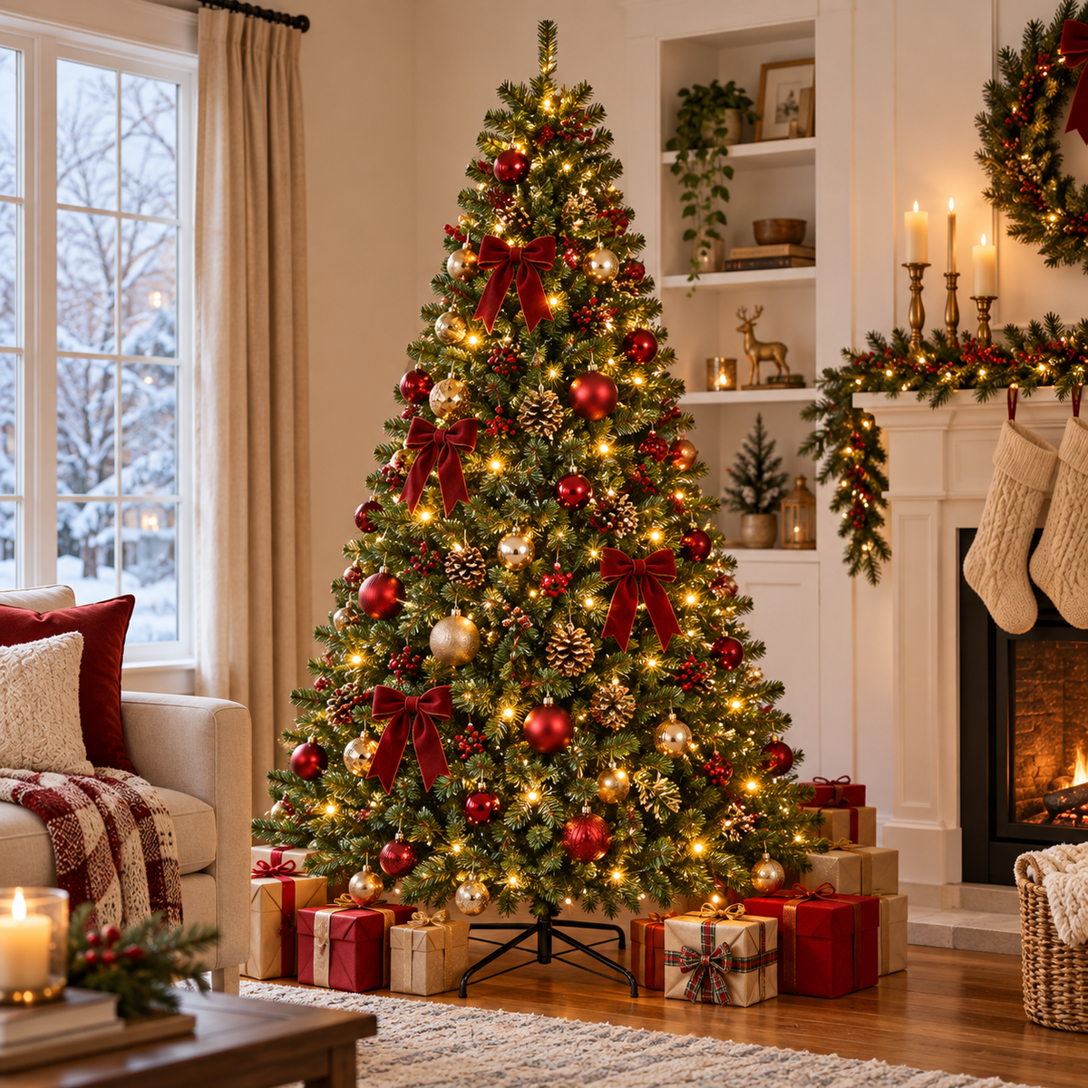 Pre-Lit Artificial Christmas Tree with Warm White Lights, 6 FT & 7.5 FT