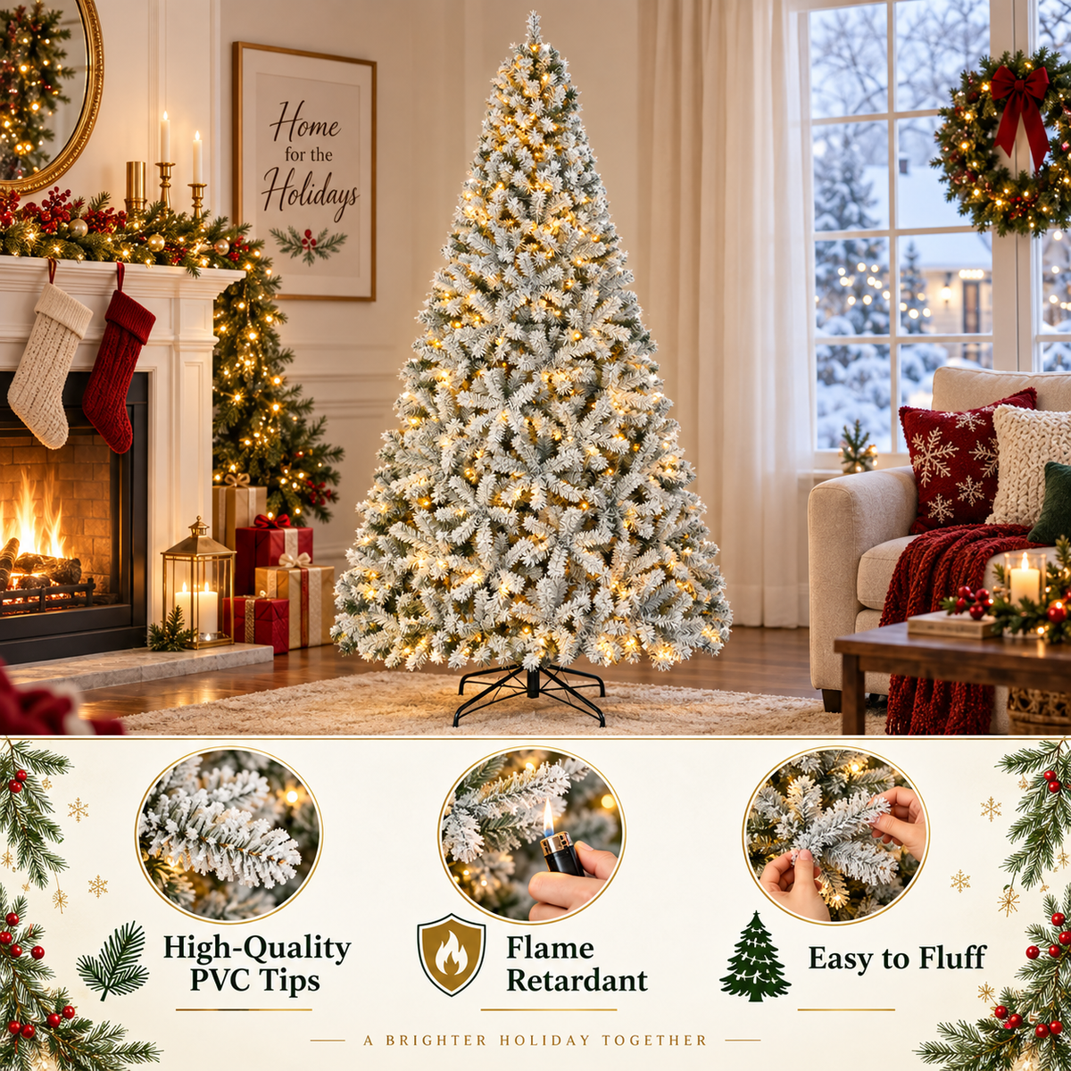 Pre-Lit Flocked Artificial Christmas Tree with Warm White Lights, 4.5 FT–9 FT