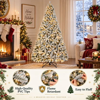 Pre-Lit Flocked Artificial Christmas Tree with Warm White Lights, 4.5 FT–9 FT
