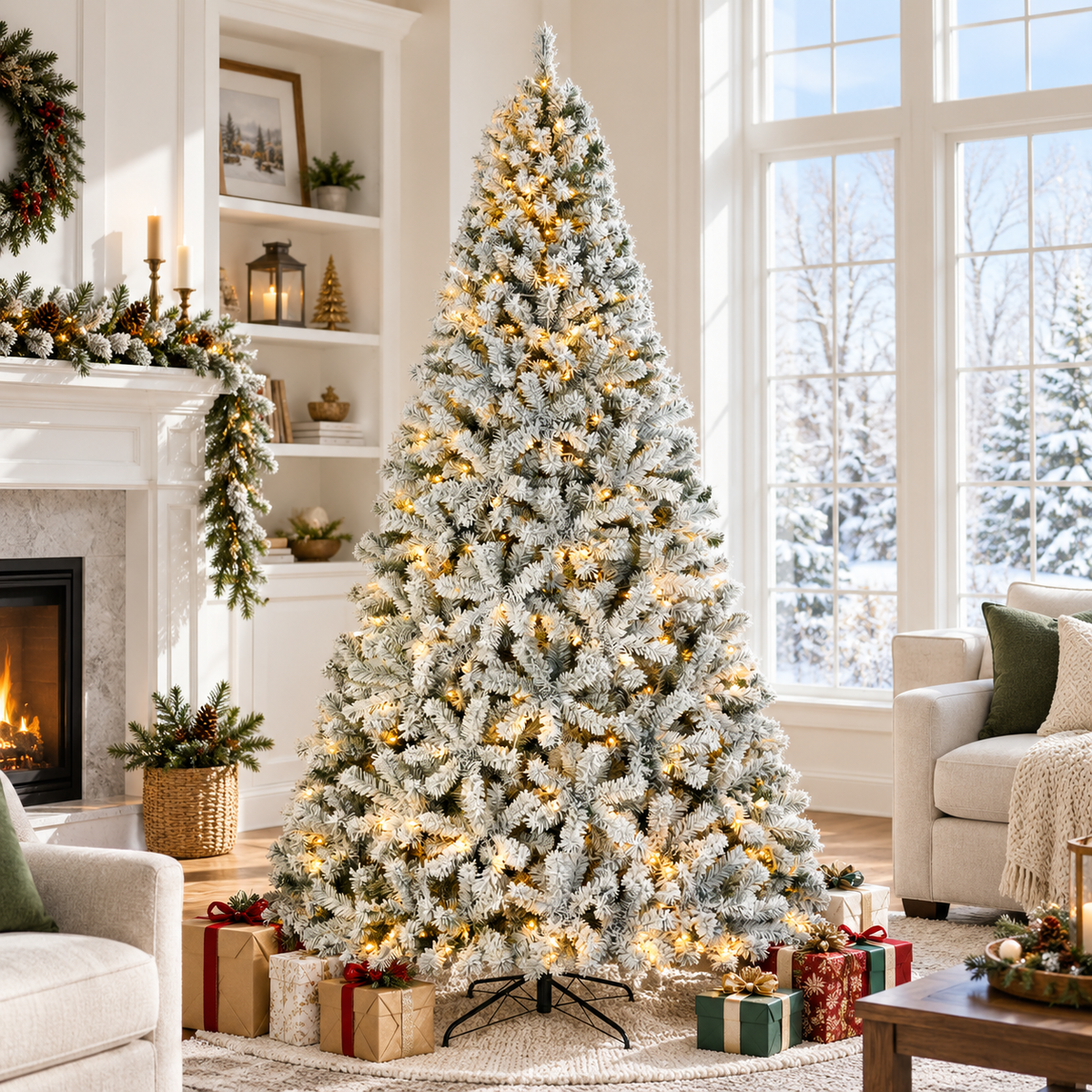 Pre-Lit Flocked Artificial Christmas Tree with Warm White Lights, 4.5 FT–9 FT