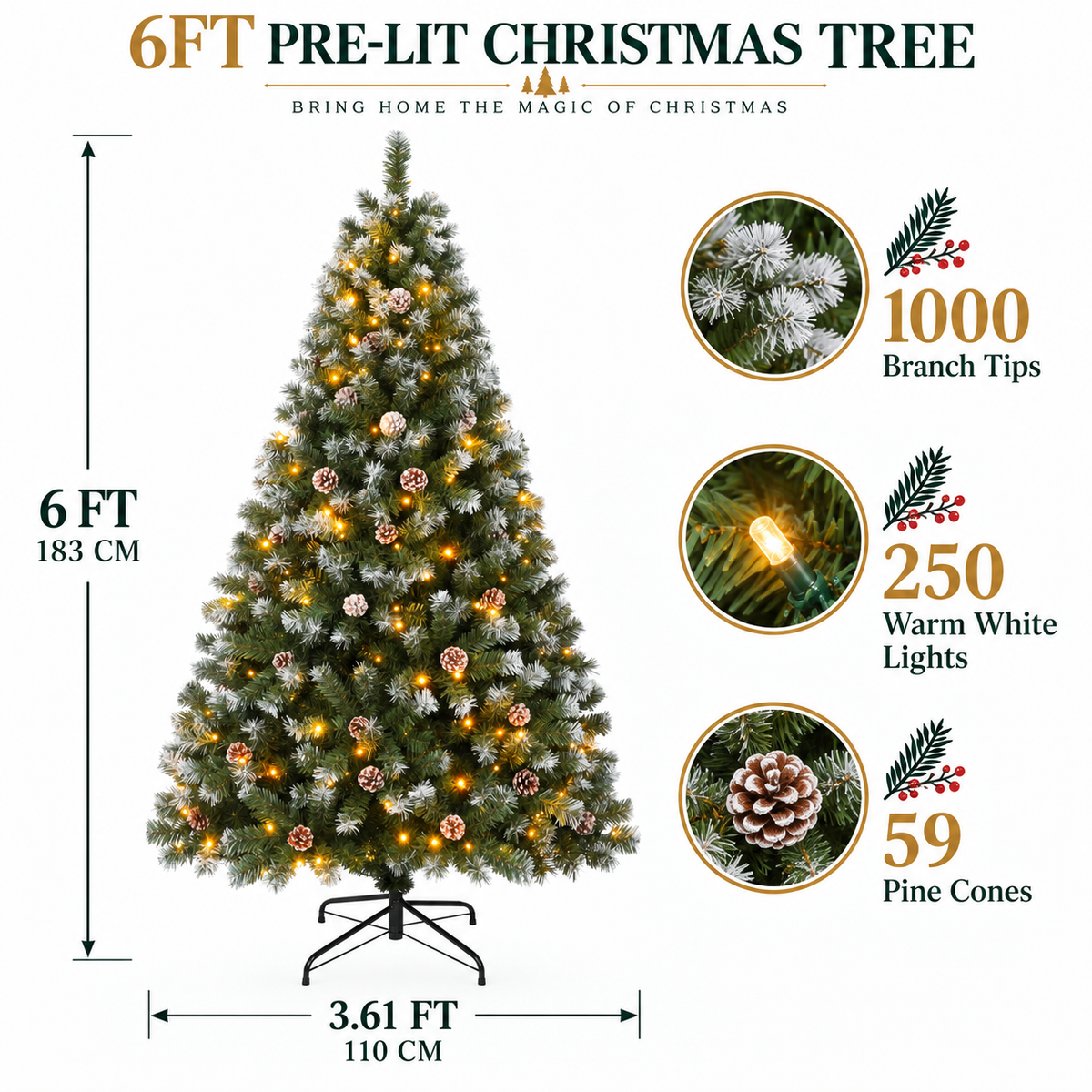 Pre-Lit Artificial Christmas Tree with Warm White Lights, 6 FT & 7.5 FT