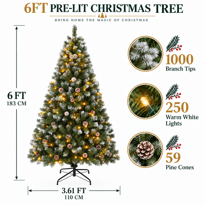 Pre-Lit Artificial Christmas Tree with Warm White Lights, 6 FT & 7.5 FT