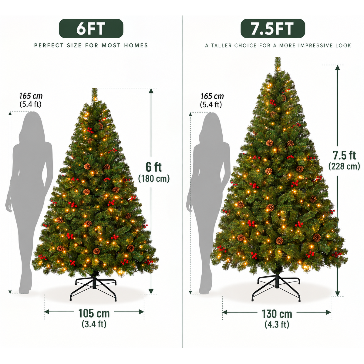Pre Lit Christmas Tree with Warm White Lights Red Berries and Pine Cones 6 FT and 7.5 FT