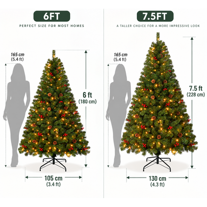 Pre Lit Christmas Tree with Warm White Lights Red Berries and Pine Cones 6 FT and 7.5 FT