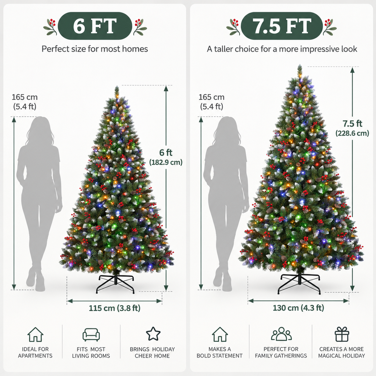 Pre Lit Artificial Christmas Tree with Multicolor Lights 6 FT and 7.5 FT