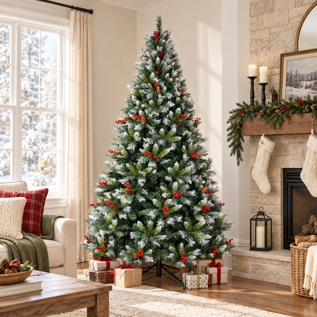 Pre Lit Artificial Christmas Tree with Warm White Lights Red Berries Pine Cones 6 FT 7.5 FT