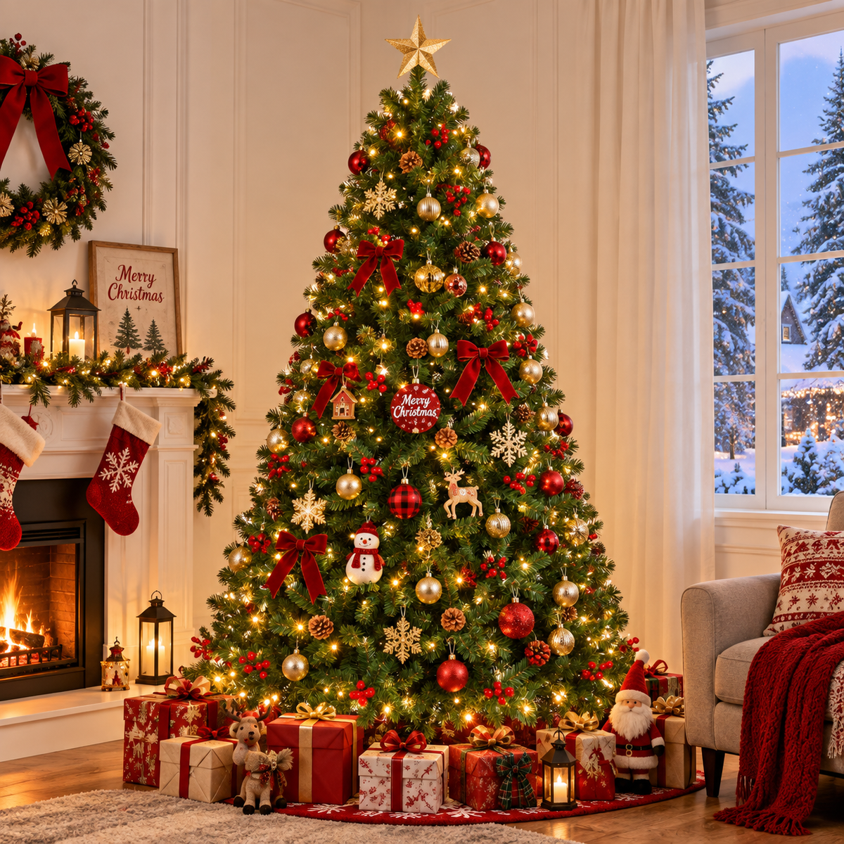 Pre Lit Christmas Tree with Warm White Lights Red Berries and Pine Cones 6 FT and 7.5 FT