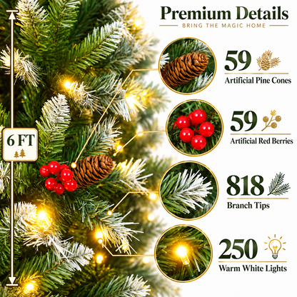 Pre Lit Artificial Christmas Tree with Warm White Lights Red Berries Pine Cones 6 FT 7.5 FT