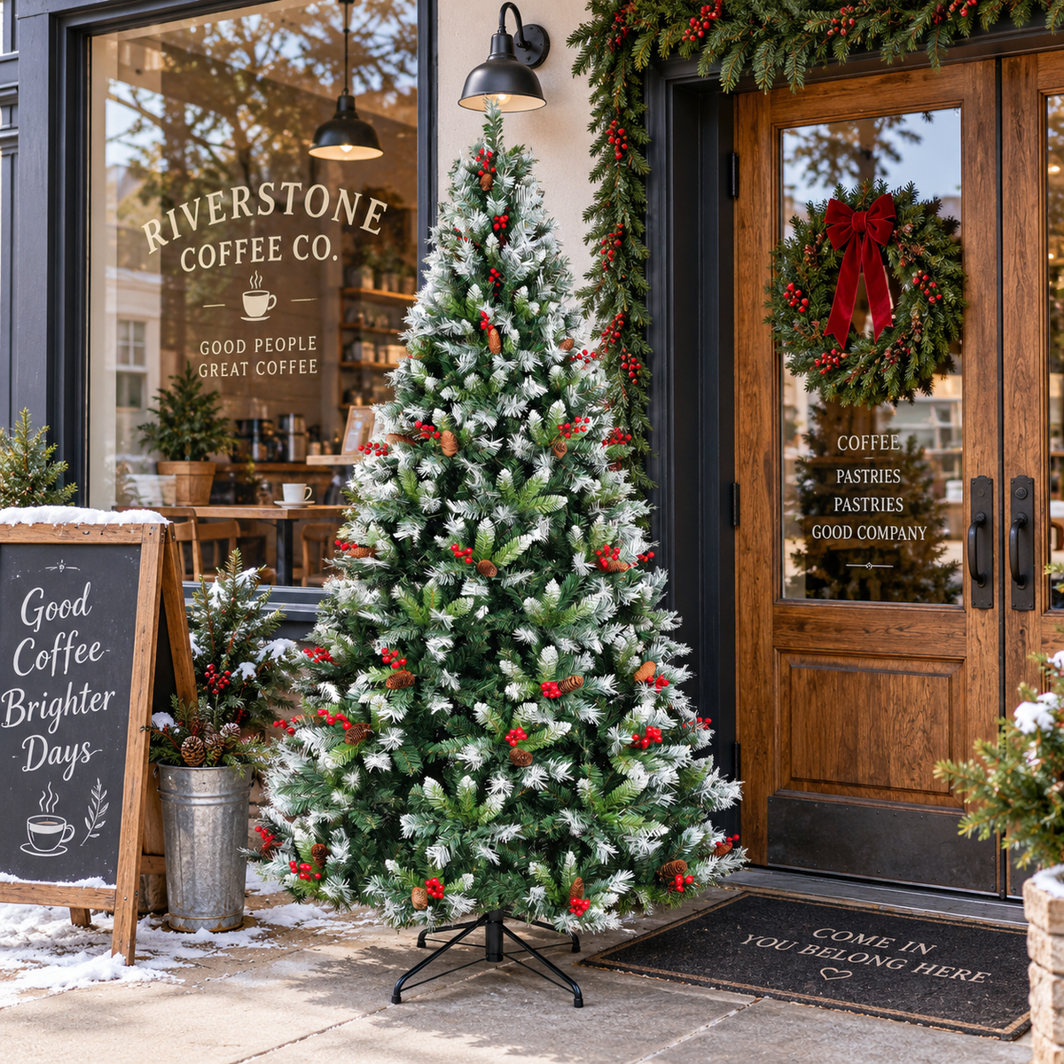 Pre Lit Artificial Christmas Tree with Warm White Lights Red Berries Pine Cones 6 FT 7.5 FT
